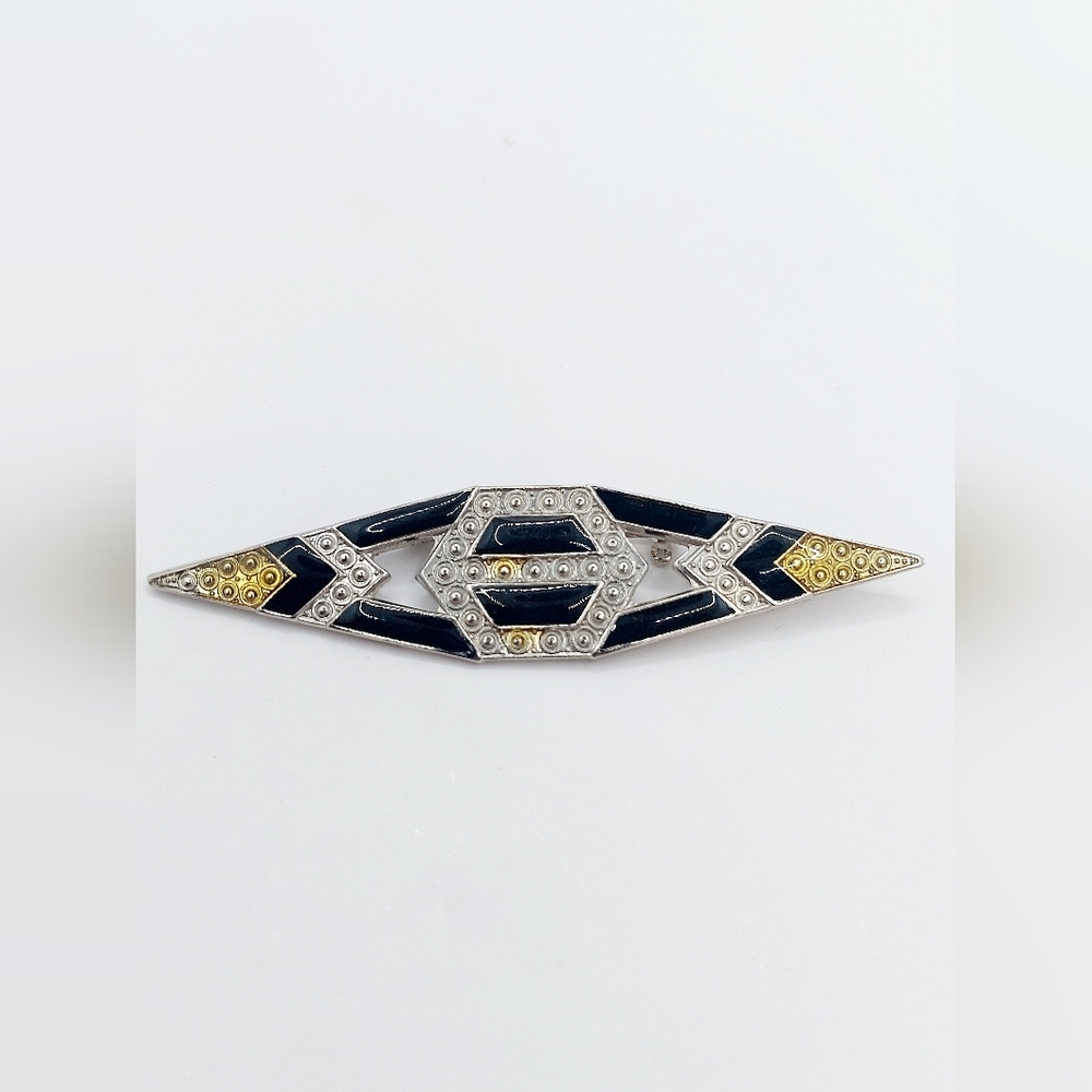 Vintage Pierre Bex Style Art Deco Black Enamel Gold Tone Pin Brooch